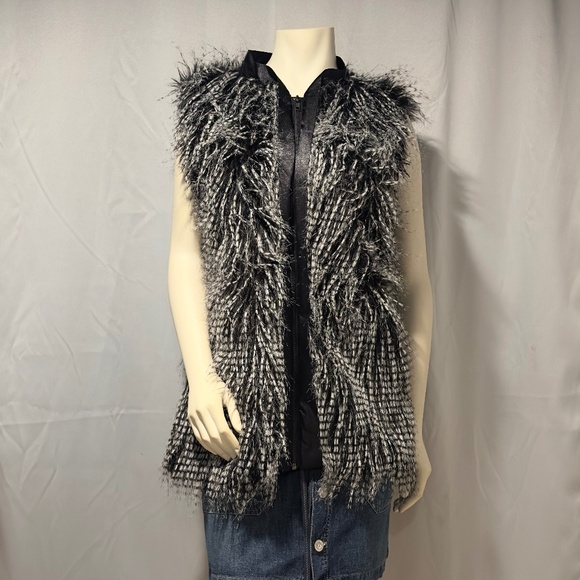 Vintage Jackets & Blazers - Goth Black Faux Fur Vest White Zip Satin Trim Avante Garde Mobwife